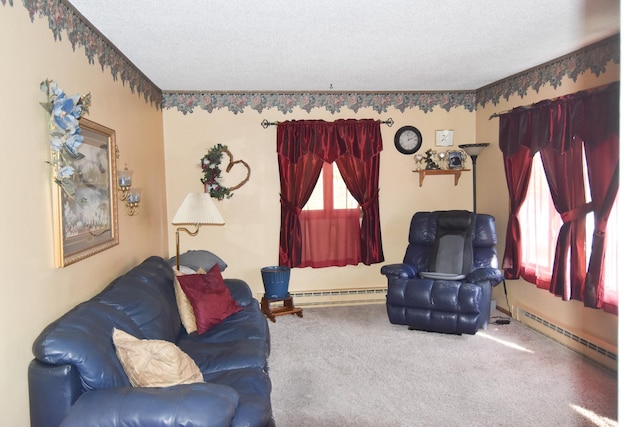 102 6th St SW, Red Lake Falls, MN 56750 - living room with a baseboard radiator, a textured ceiling, and carpet flooring