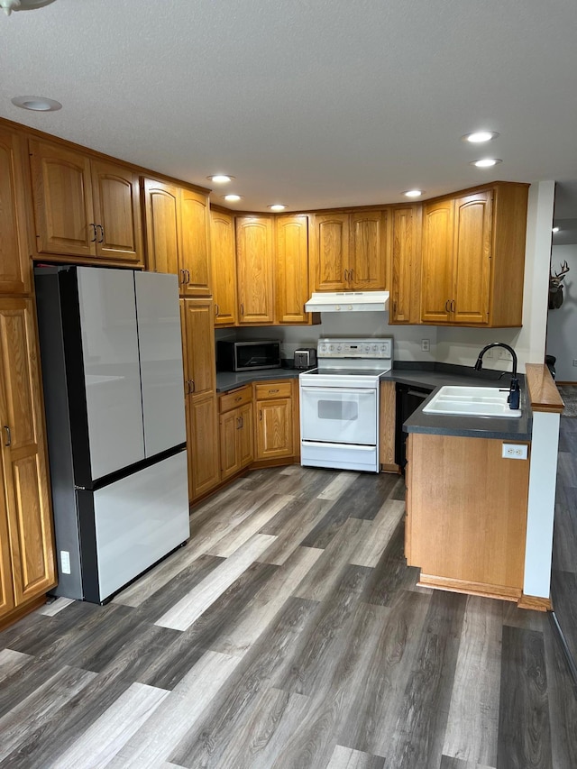 kitchen with dark wood-style floors, a sink, under cabinet range hood, appliances with stainless steel finishes, and brown cabinets