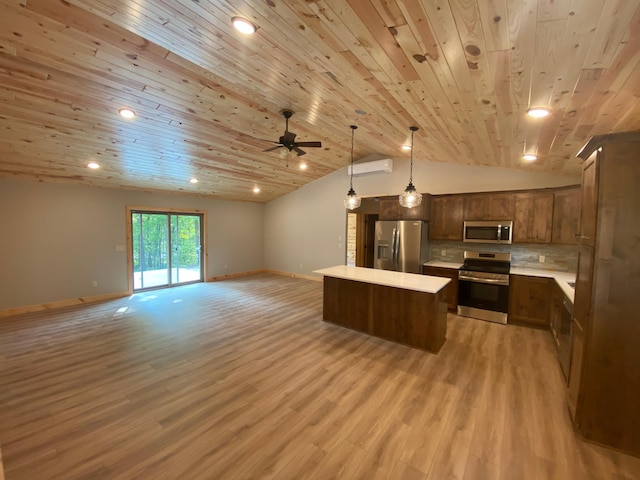 3450 23rd Ave NW, Hackensack, MN 56452 - kitchen with appliances with stainless steel finishes, open floor plan, a kitchen island, wooden ceiling, and light countertops