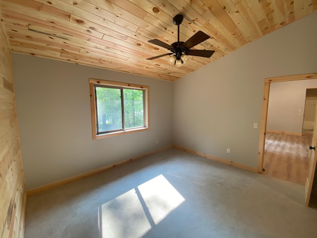 3450 23rd Ave NW, Hackensack, MN 56452 - carpeted empty room featuring wood ceiling, a ceiling fan, lofted ceiling, and baseboards