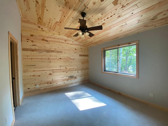 3450 23rd Ave NW, Hackensack, MN 56452 - spare room featuring wood ceiling, lofted ceiling, wood walls, ceiling fan, and carpet