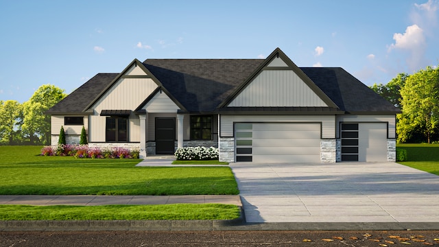 view of front of house with a front lawn, stone siding, board and batten siding, concrete driveway, and a garage