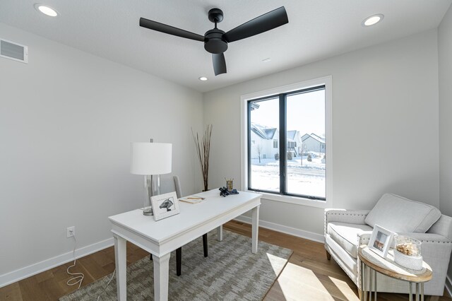 2665 Timber Oaks Rd SW, Rochester, MN 55902 - office area with a ceiling fan, wood finished floors, and recessed lighting