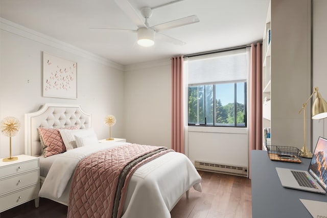 bedroom with crown molding, a baseboard radiator, ceiling fan, and dark wood-type flooring