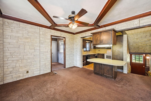 kitchen with carpet flooring, light countertops, white range with electric stovetop, beam ceiling, and dishwasher