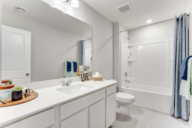 bathroom featuring toilet, visible vents, shower / bath combo with shower curtain, and vanity