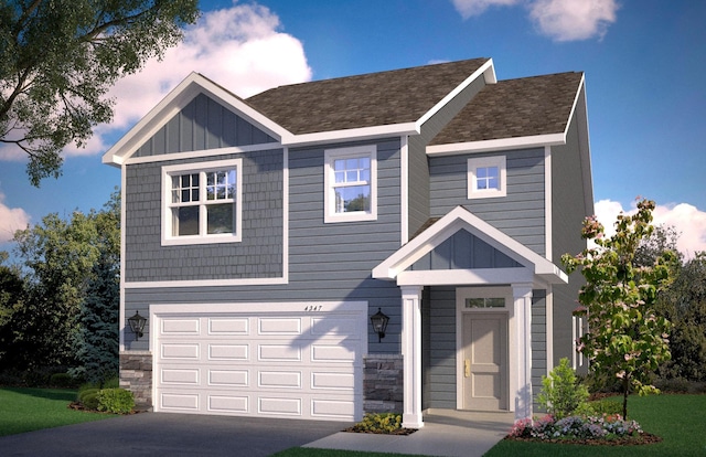 view of front of home with an attached garage, stone siding, driveway, and board and batten siding