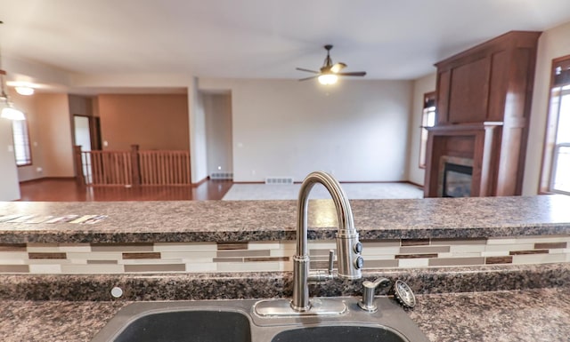 kitchen with ceiling fan, hardwood / wood-style flooring, and sink