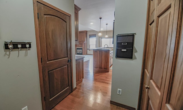 hallway with hardwood / wood-style flooring