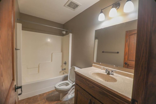 full bathroom featuring vanity, toilet, bathtub / shower combination, and tile patterned floors