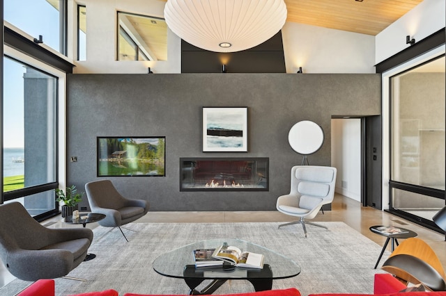 living room featuring a water view, high vaulted ceiling, and wood ceiling