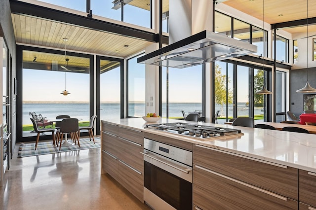 kitchen featuring appliances with stainless steel finishes, a water view, wood ceiling, and island exhaust hood