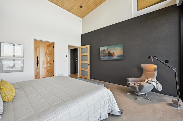 bedroom with light carpet, high vaulted ceiling, and wooden ceiling