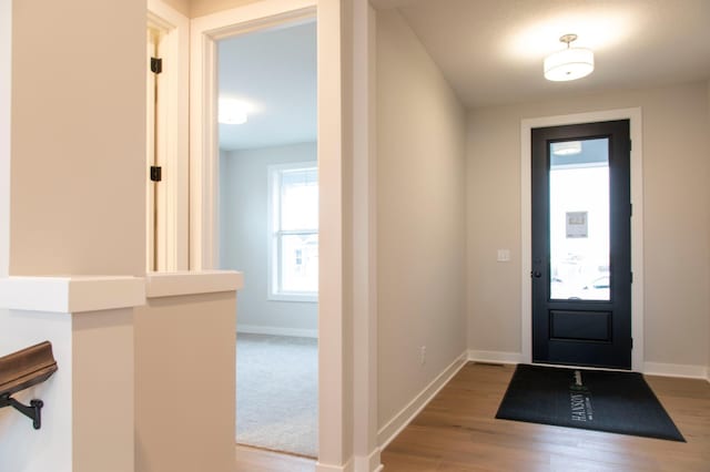 foyer with baseboards and wood finished floors