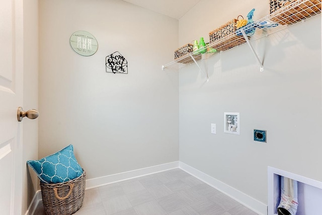 washroom featuring light floors, hookup for a washing machine, hookup for an electric dryer, laundry area, and baseboards