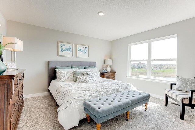 bedroom featuring a textured ceiling, carpet floors, and baseboards