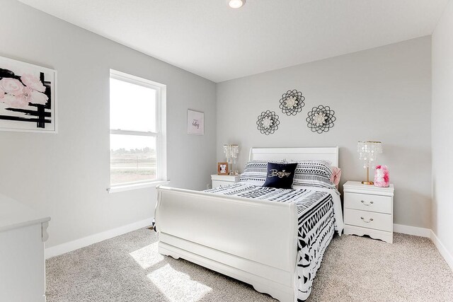 bedroom with baseboards and light colored carpet