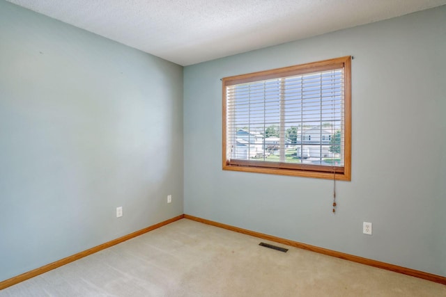 unfurnished room featuring light carpet and a textured ceiling