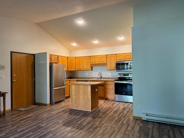 kitchen with appliances with stainless steel finishes, dark hardwood / wood-style floors, sink, a center island, and baseboard heating