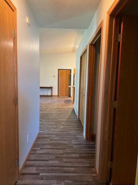 hall with vaulted ceiling, dark hardwood / wood-style floors, and a textured ceiling