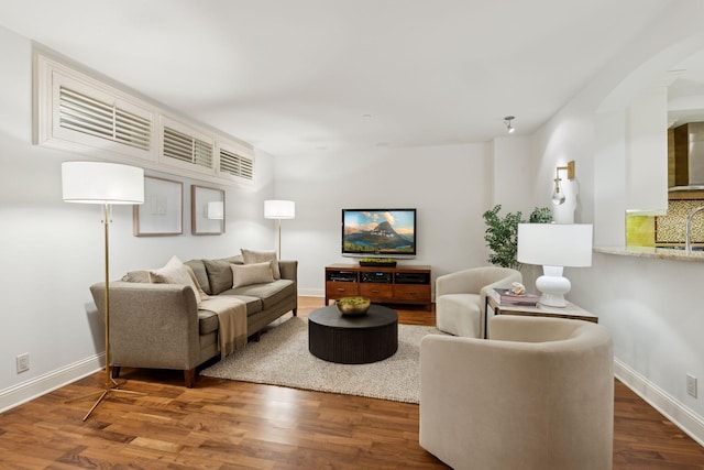 living room with hardwood / wood-style flooring and sink