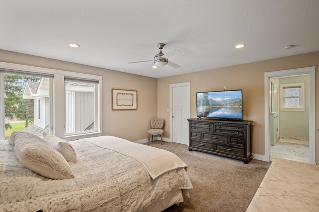 bedroom with ceiling fan, light colored carpet, and access to outside