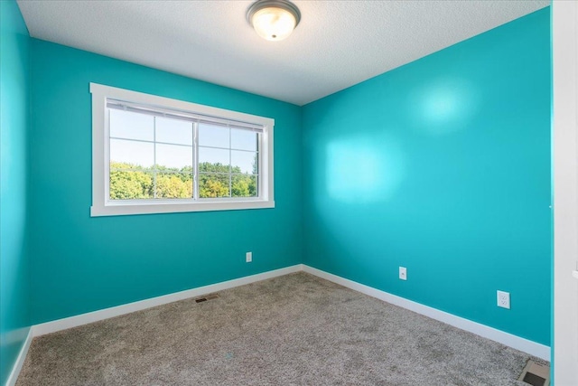 unfurnished room with a textured ceiling and carpet flooring