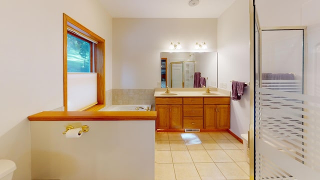 full bath featuring a sink, visible vents, a bath, tile patterned floors, and a stall shower