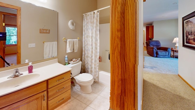 bathroom with vanity, tile patterned flooring, toilet, and shower / tub combo with curtain