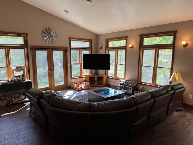 living area featuring baseboards, vaulted ceiling, french doors, dark wood-style floors, and a textured ceiling