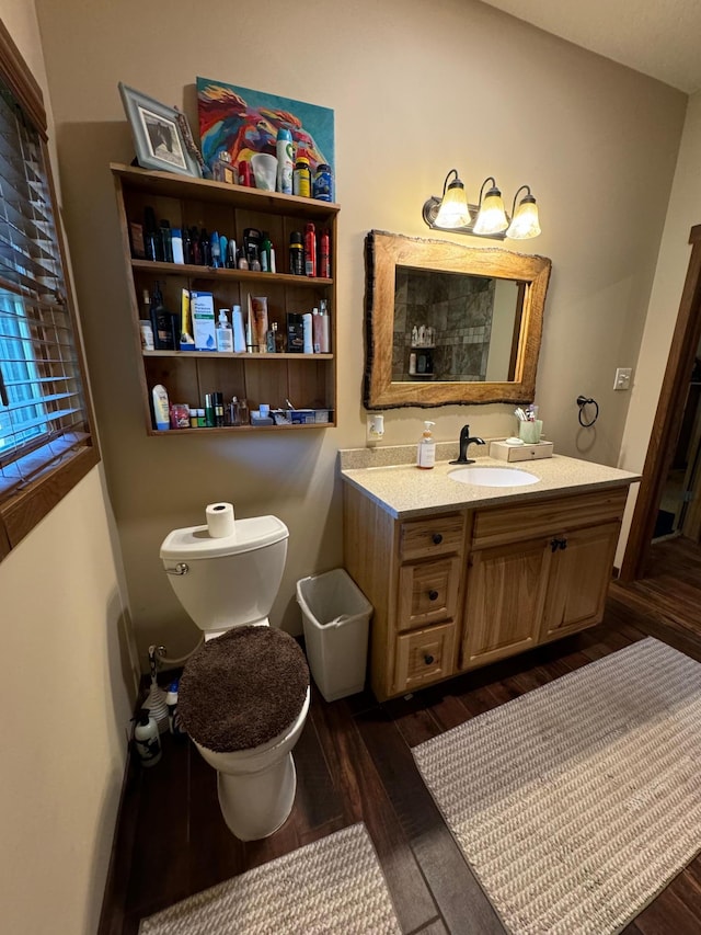 bathroom with toilet, wood finished floors, and vanity