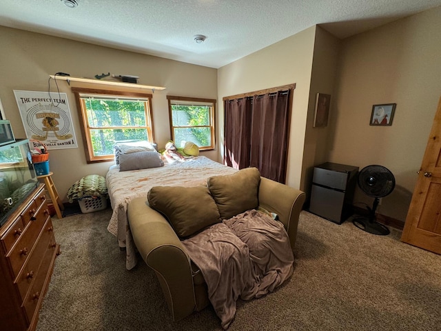 bedroom with carpet and a textured ceiling