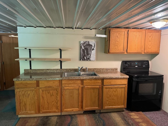 kitchen featuring open shelves, brown cabinets, black electric range oven, and a sink