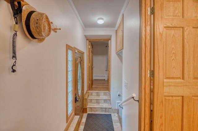 hallway with baseboard heating, ornamental molding, and stairs