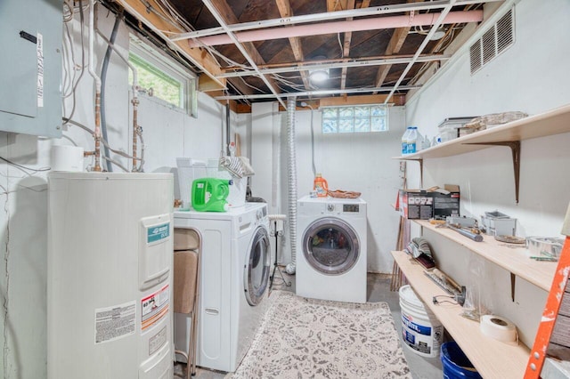 laundry room with washer and clothes dryer, laundry area, electric water heater, and visible vents