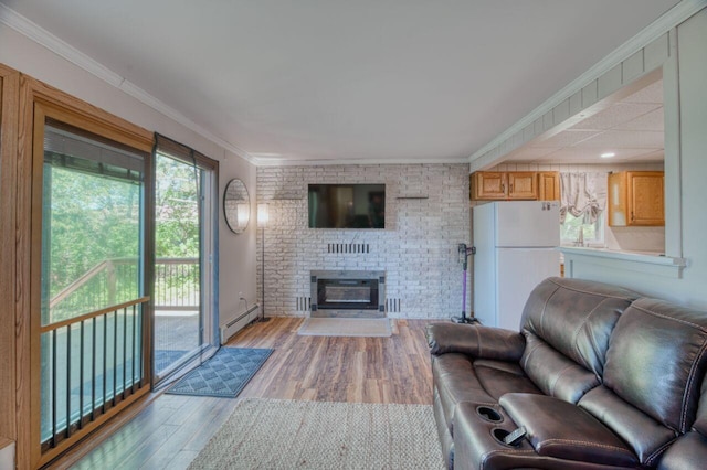 living area featuring light wood-style flooring, a fireplace, baseboard heating, and ornamental molding