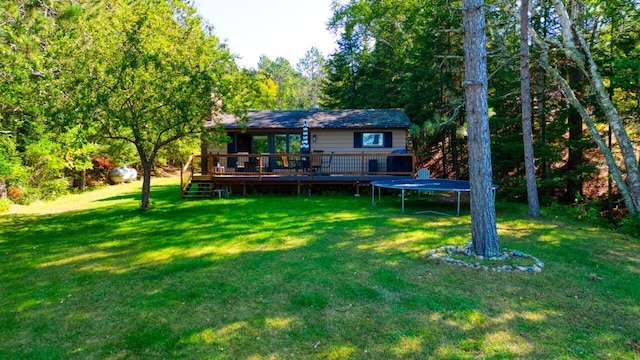 rear view of property featuring a deck, a trampoline, and a yard