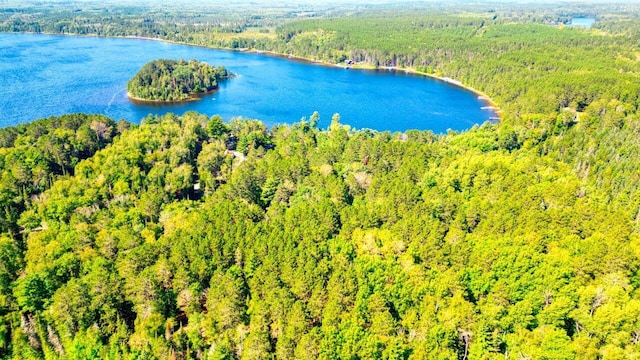 drone / aerial view featuring a wooded view and a water view