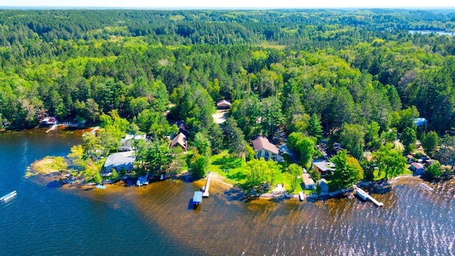 drone / aerial view featuring a water view and a forest view