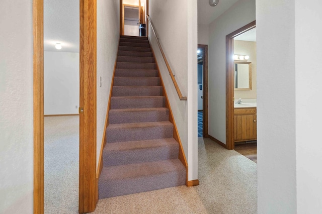 stairway with sink and carpet floors