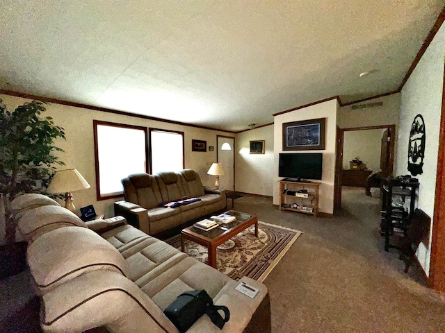 living room with ornamental molding, carpet floors, a textured ceiling, and vaulted ceiling