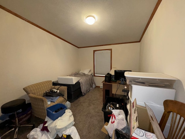 bedroom with dark colored carpet, a textured ceiling, and crown molding