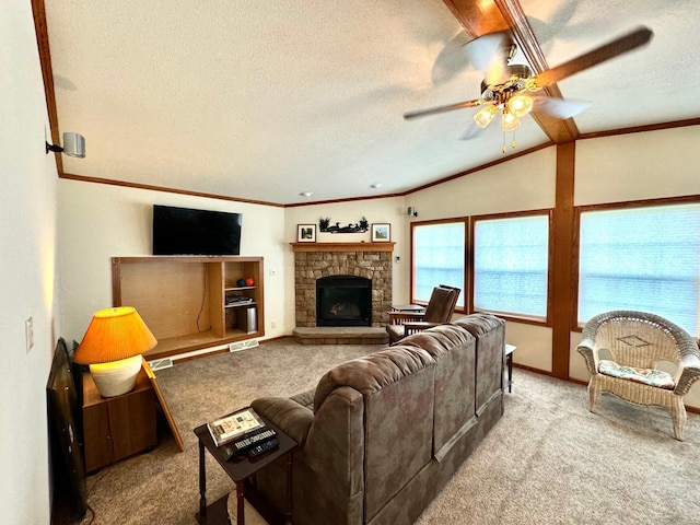 living room featuring ceiling fan, a textured ceiling, a stone fireplace, lofted ceiling, and light colored carpet