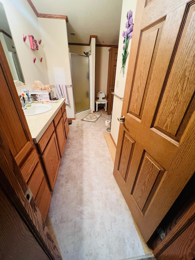 bathroom featuring vanity, crown molding, and a shower with door