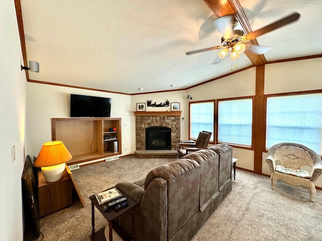 50370 Turtle River Rd, Marcell, MN 56628 - carpeted living room featuring a textured ceiling, ornamental molding, a ceiling fan, a stone fireplace, and lofted ceiling