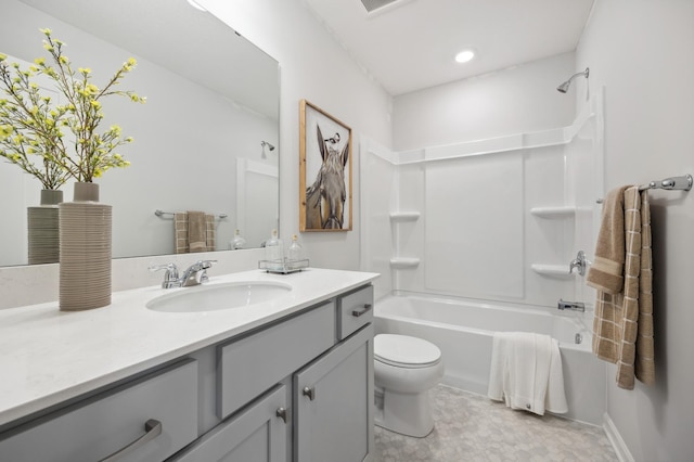 full bathroom with vanity, toilet, and shower / washtub combination