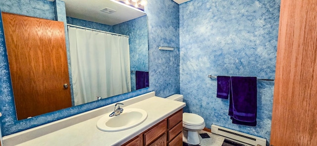 bathroom featuring vanity, a baseboard heating unit, a shower with shower curtain, and toilet