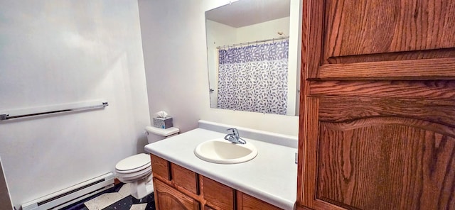 bathroom featuring toilet, vanity, and a baseboard radiator