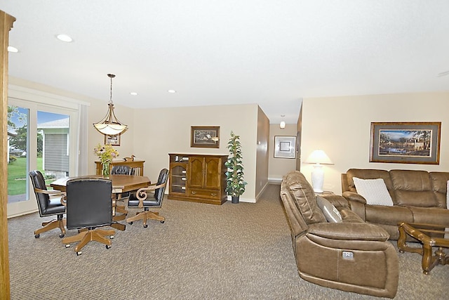 dining space with recessed lighting, carpet flooring, and baseboards