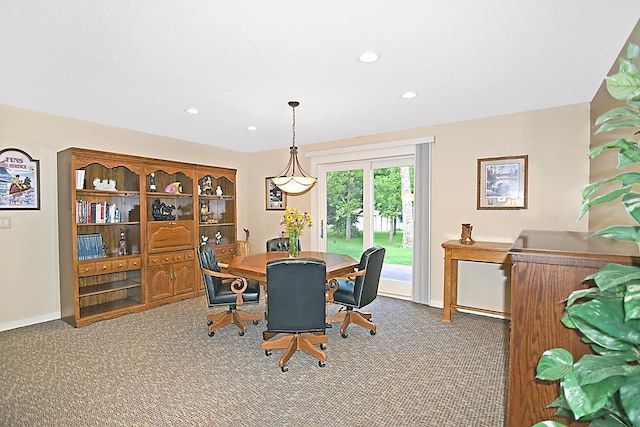 carpeted dining room featuring recessed lighting and baseboards